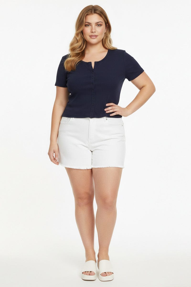 Blue Top Short Sleeve Button Front Rib for YouandAll Fashion