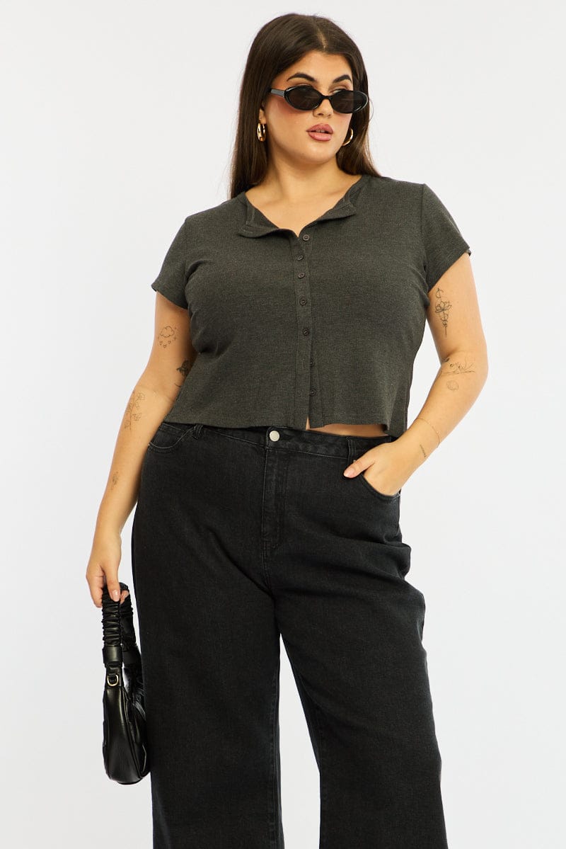 Grey Top Short Sleeve Button Front Rib for YouandAll Fashion