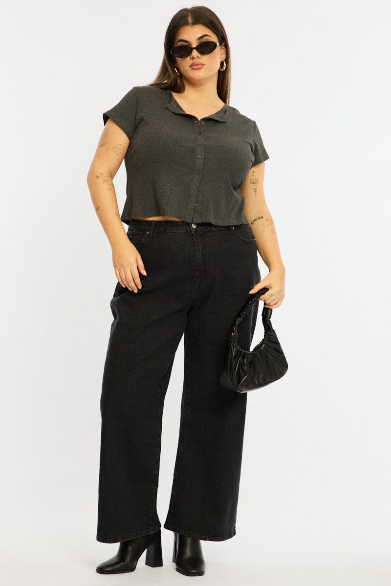 Grey Top Short Sleeve Button Front Rib for YouandAll Fashion