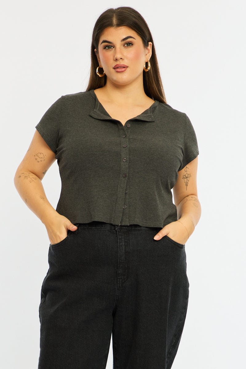 Grey Top Short Sleeve Button Front Rib for YouandAll Fashion