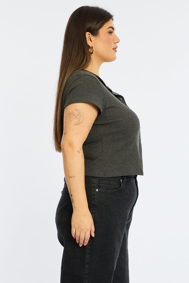 Grey Top Short Sleeve Button Front Rib for YouandAll Fashion