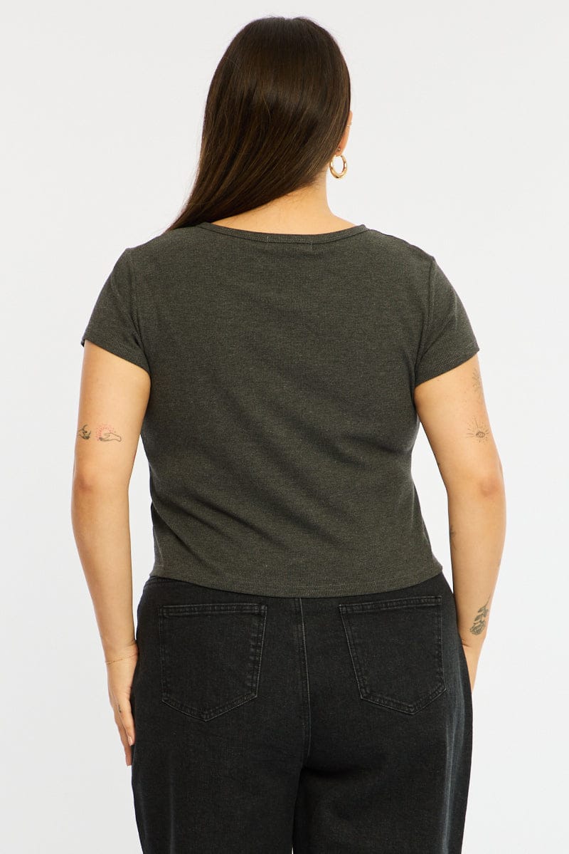 Grey Top Short Sleeve Button Front Rib for YouandAll Fashion