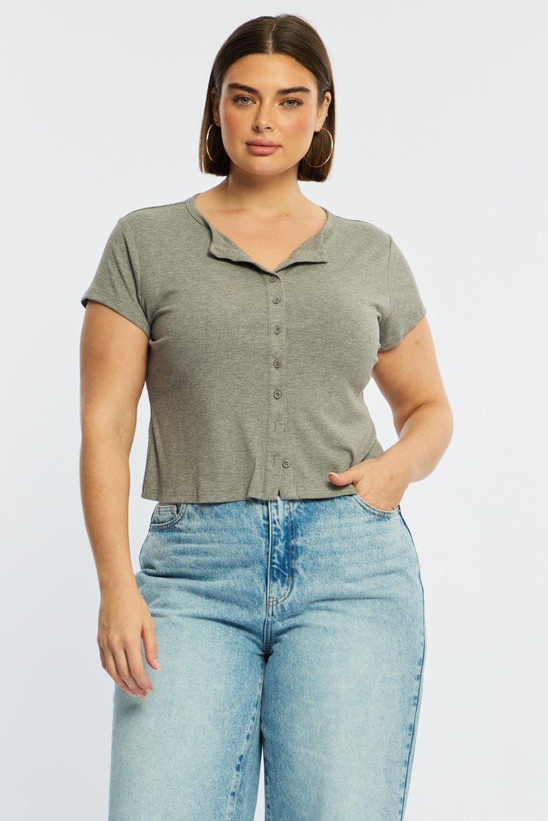 Grey Top Short Sleeve Button Front Rib for YouandAll Fashion