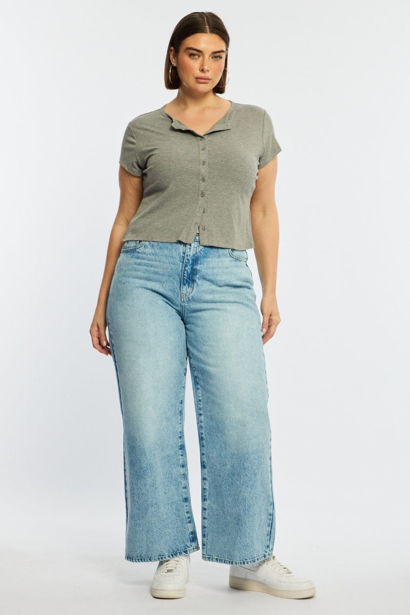 Grey Top Short Sleeve Button Front Rib for YouandAll Fashion