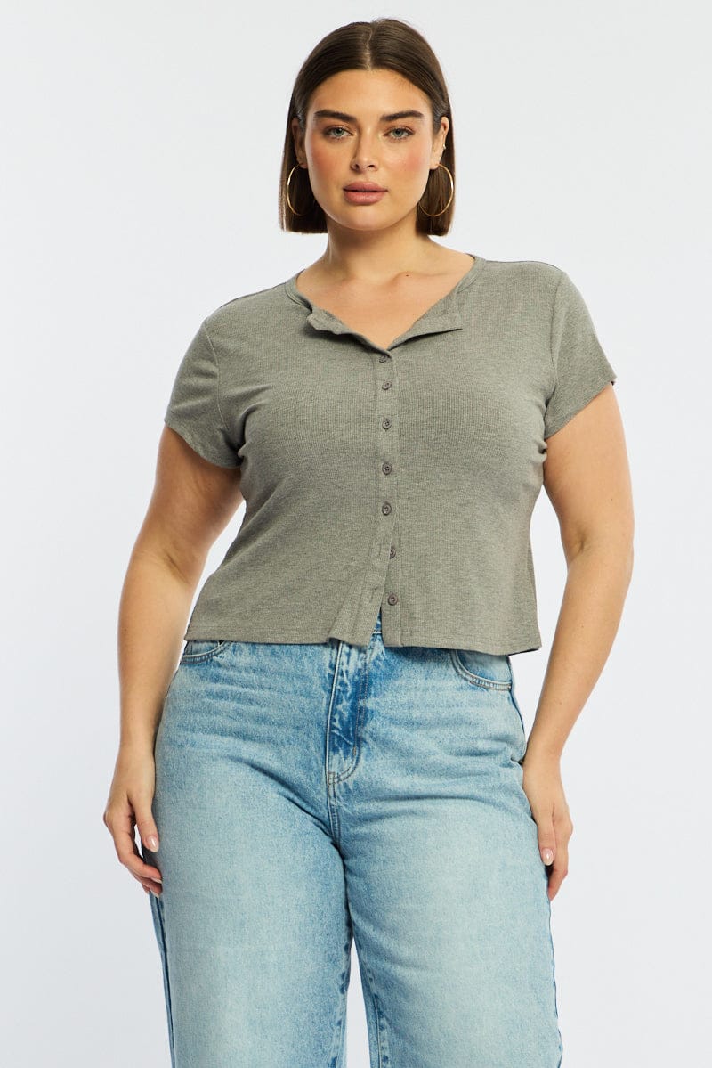 Grey Top Short Sleeve Button Front Rib for YouandAll Fashion