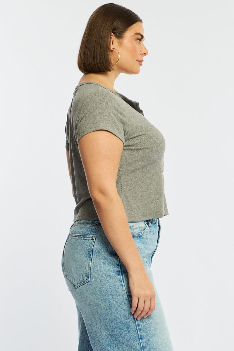 Grey Top Short Sleeve Button Front Rib for YouandAll Fashion