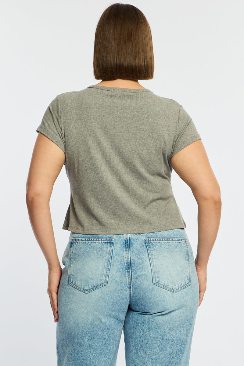 Grey Top Short Sleeve Button Front Rib for YouandAll Fashion