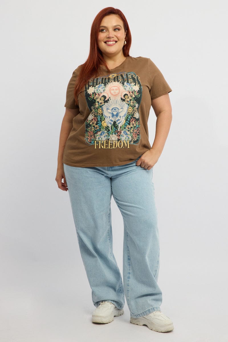 Brown Graphic T-shirt Short Sleeve Crew Neck for YouandAll Fashion