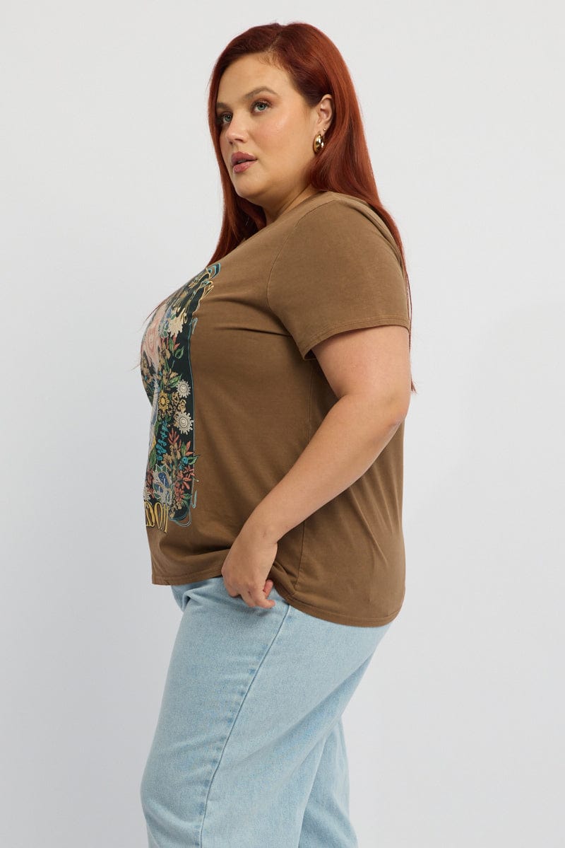 Brown Graphic T-shirt Short Sleeve Crew Neck for YouandAll Fashion