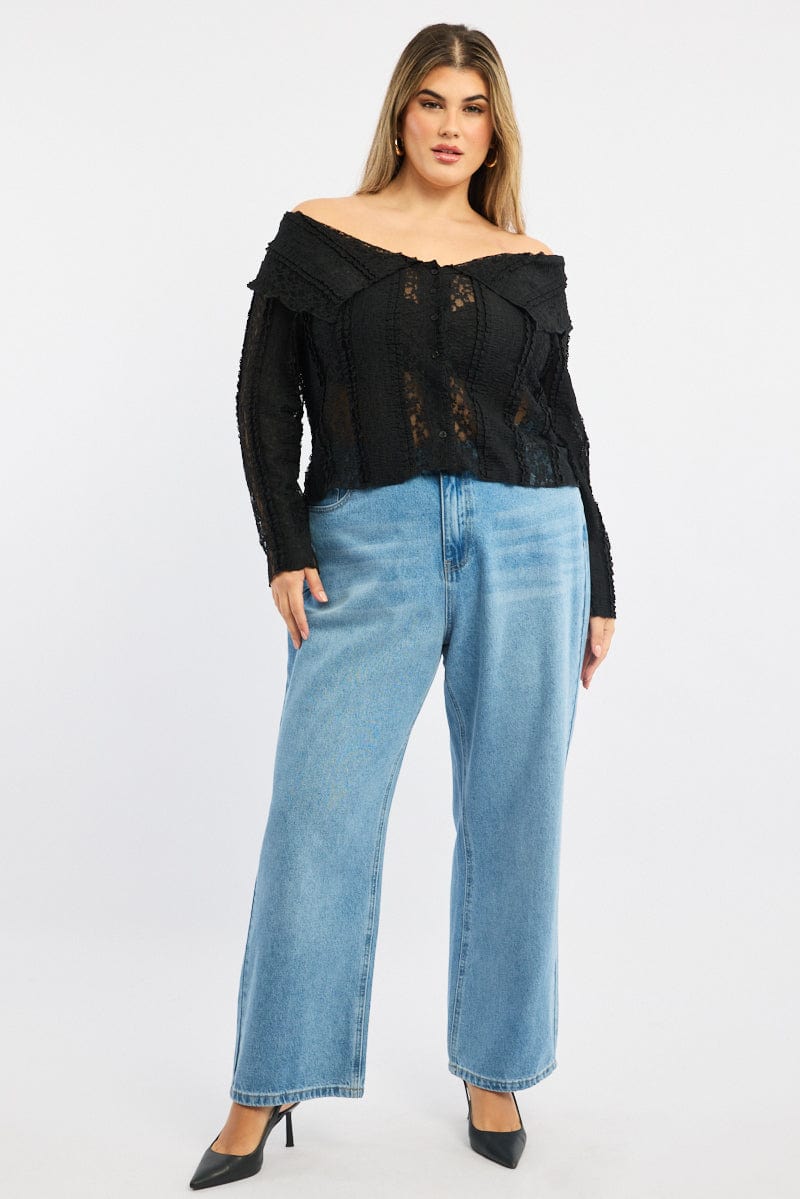 Black Off Shoulder Lace Long Sleeve Top for YouandAll Fashion