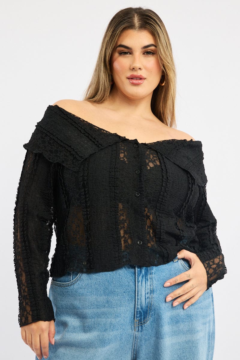 Black Off Shoulder Lace Long Sleeve Top for YouandAll Fashion