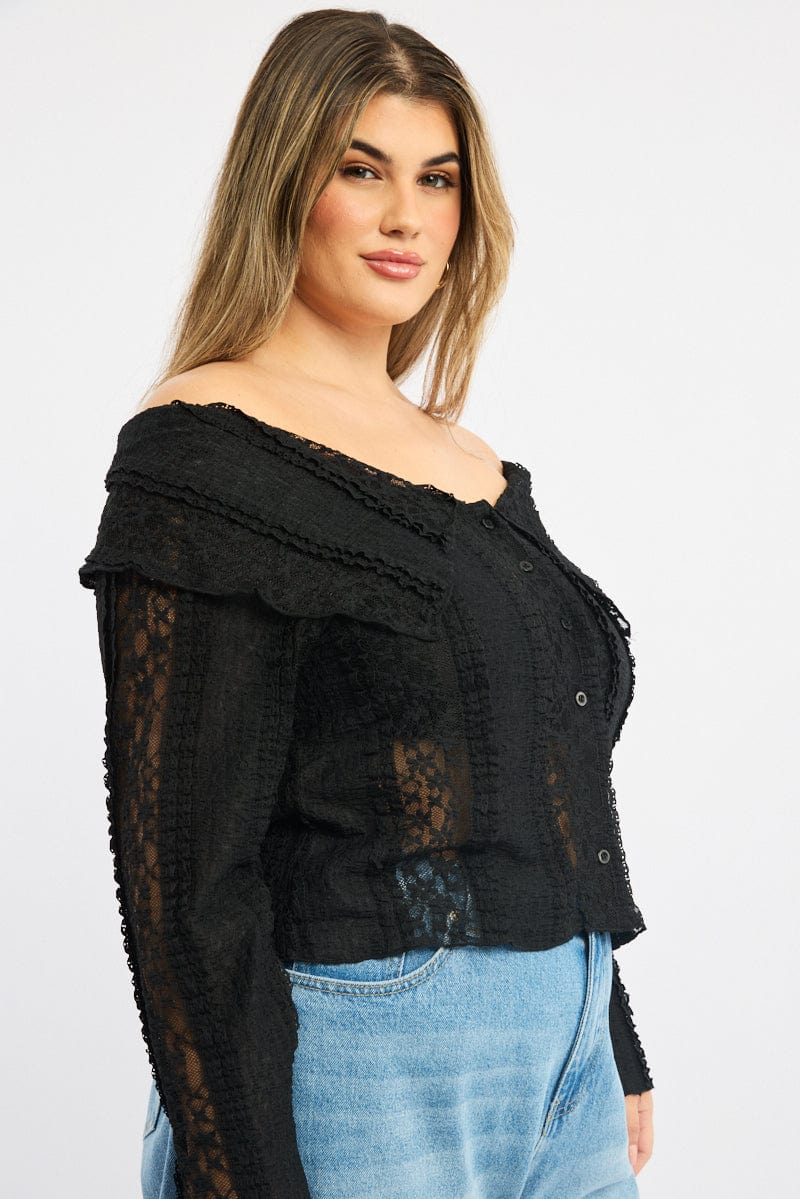 Black Off Shoulder Lace Long Sleeve Top for YouandAll Fashion