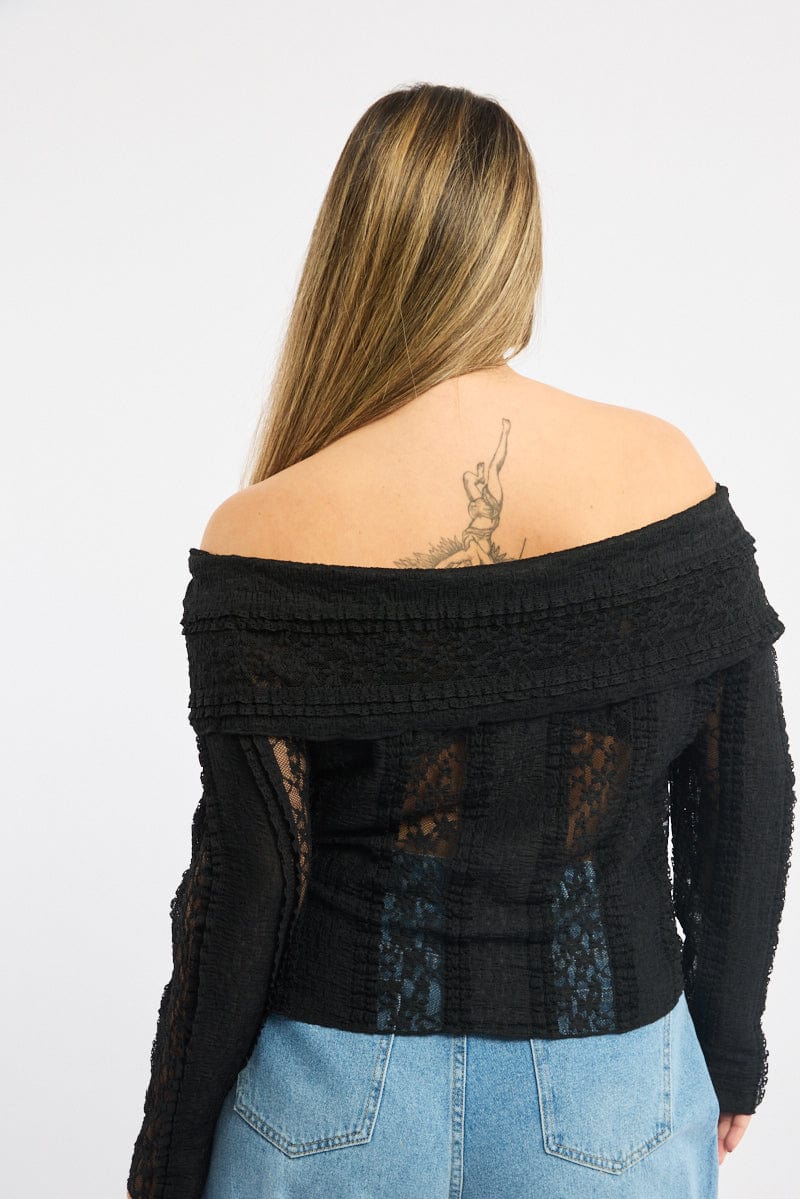 Black Off Shoulder Lace Long Sleeve Top for YouandAll Fashion
