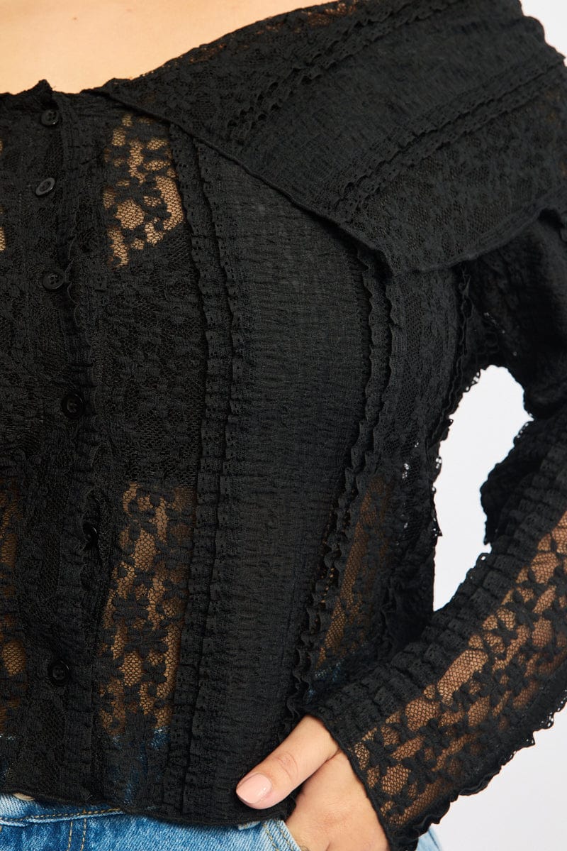 Black Off Shoulder Lace Long Sleeve Top for YouandAll Fashion