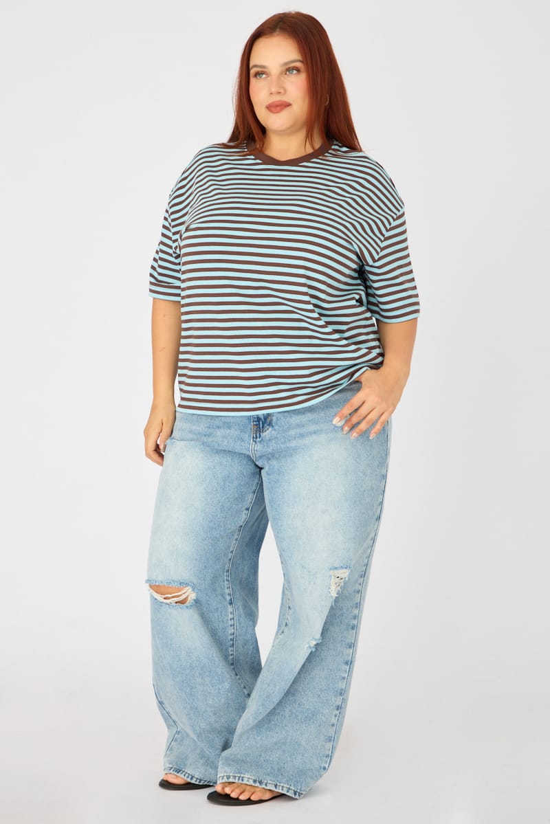 Blue Stripe Oversize Tee Short Sleeve for YouandAll Fashion