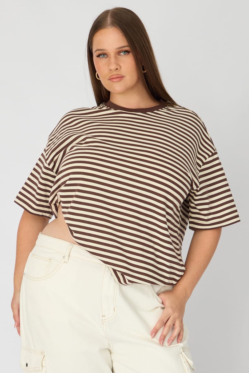 Brown Stripe Oversize Tee Short Sleeve for YouandAll Fashion