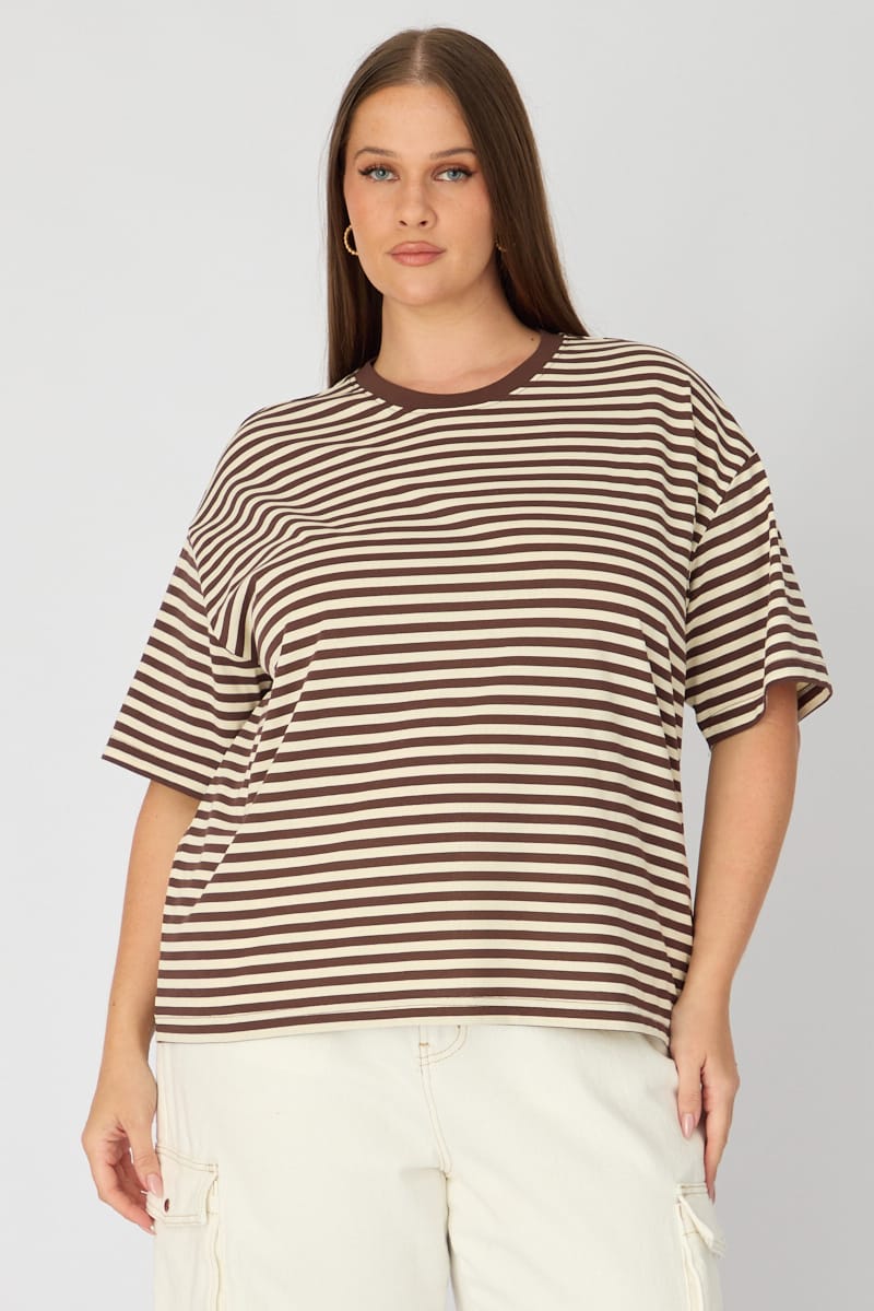 Brown Stripe Oversize Tee Short Sleeve for YouandAll Fashion