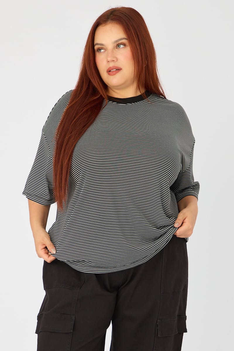 Black Stripe Top - Short Sleeve - Oversized Fit - Crew Neck for YouandAll Fashion