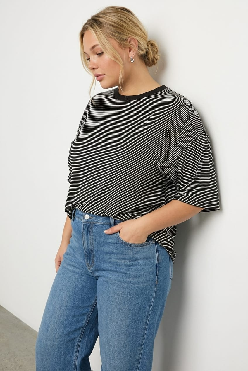 Black Stripe Short Sleeve Crew Neck Top for YouandAll Fashion
