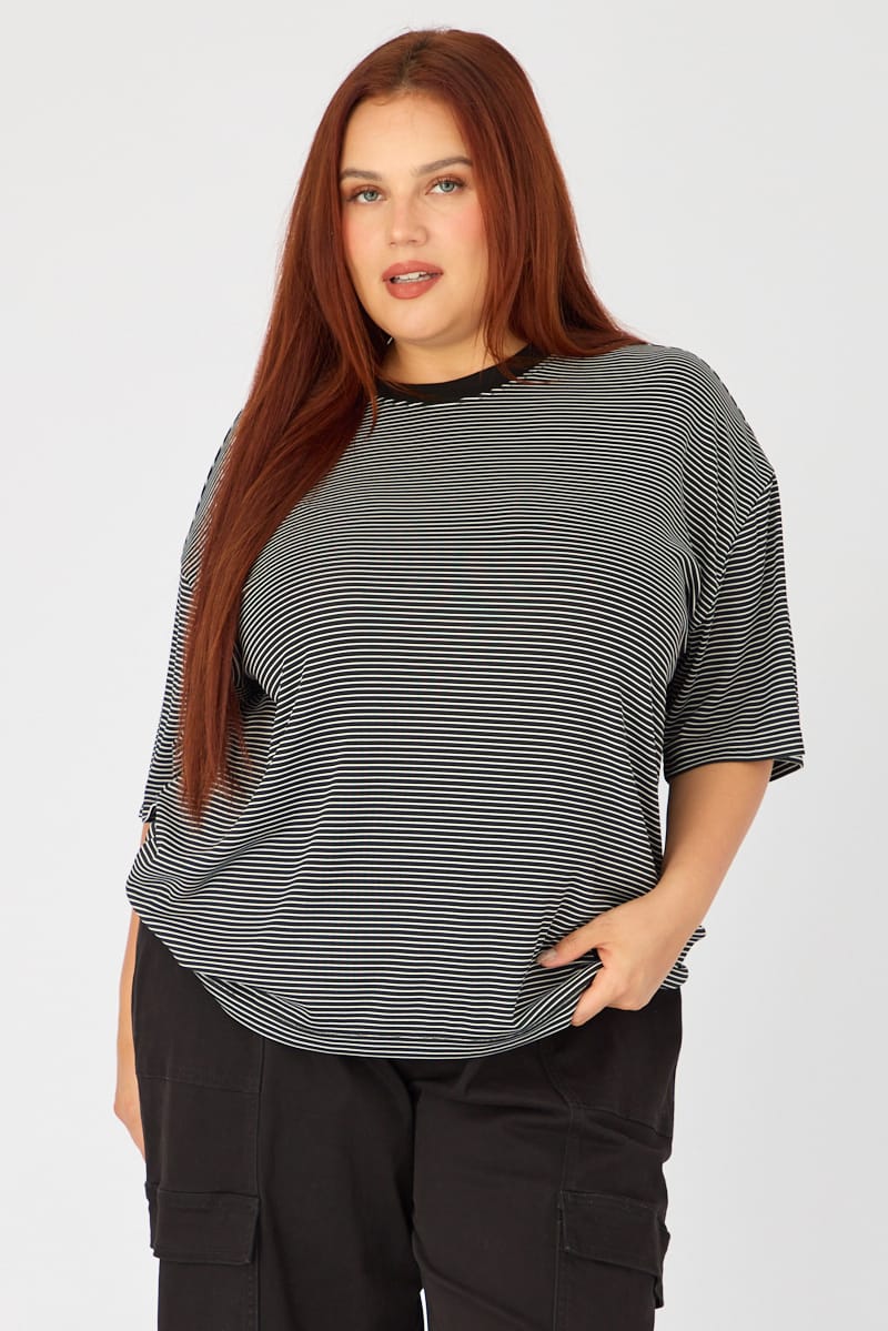 Black Stripe Top - Short Sleeve - Oversized Fit - Crew Neck for YouandAll Fashion