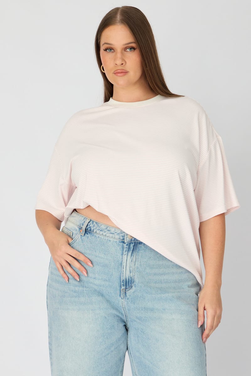 Pink Stripe Top - Short Sleeve - Oversized Fit - Crew Neck for YouandAll Fashion