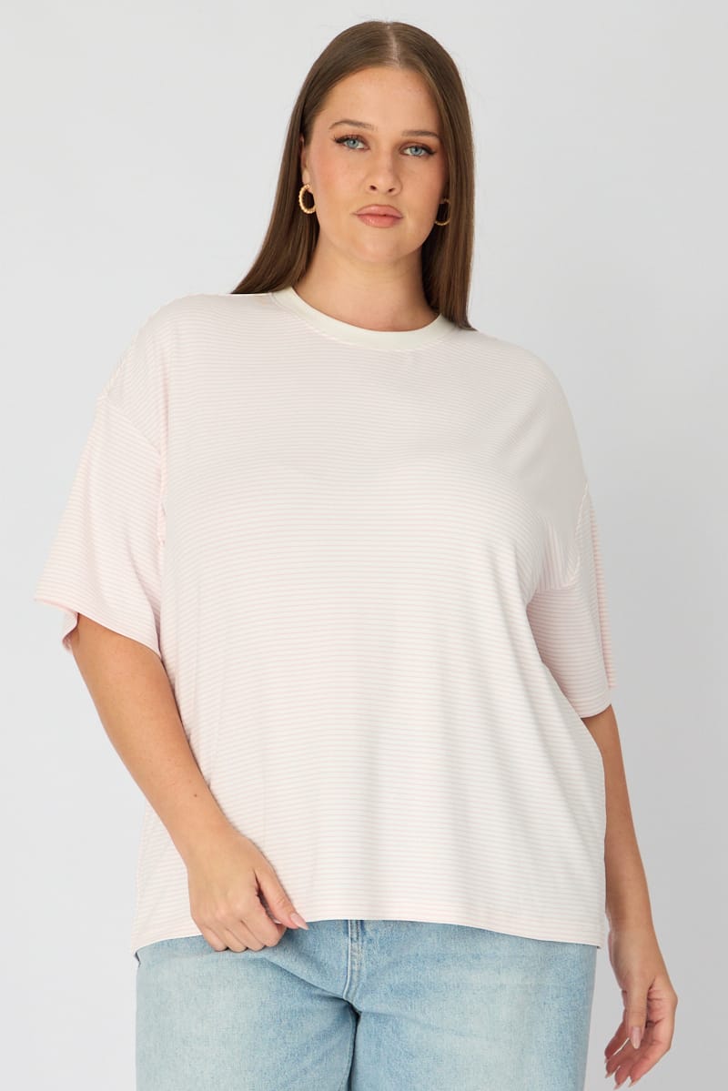 Pink Stripe Top - Short Sleeve - Oversized Fit - Crew Neck for YouandAll Fashion
