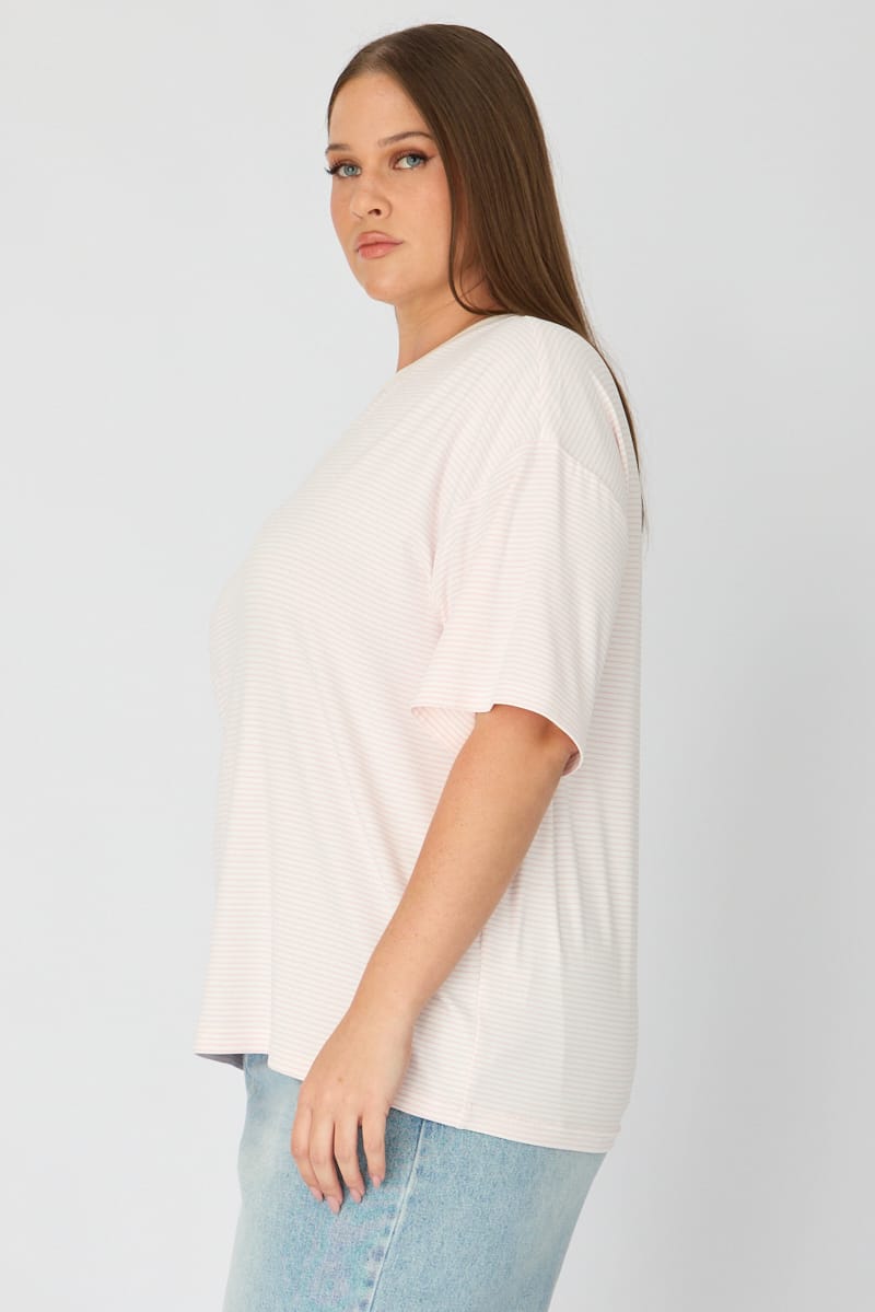 Pink Stripe Top - Short Sleeve - Oversized Fit - Crew Neck for YouandAll Fashion