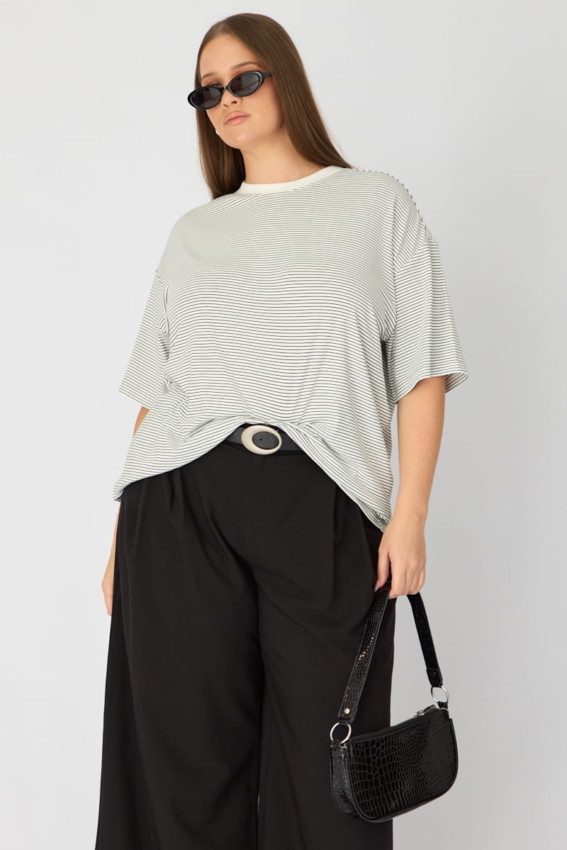 White Stripe Top - Short Sleeve - Oversized Fit - Crew Neck for YouandAll Fashion