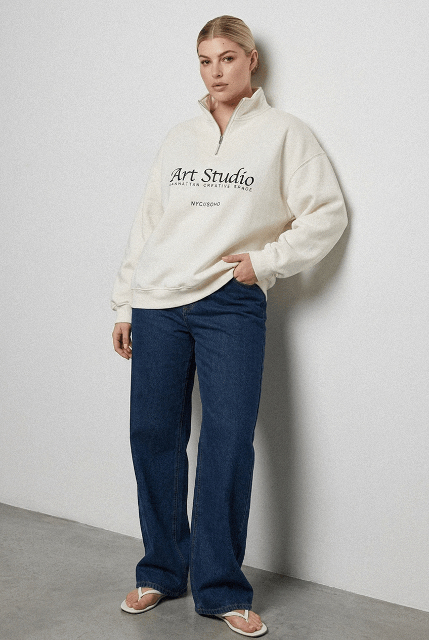 White Half Zip Sweat Top Long Sleeve for YouandAll Fashion