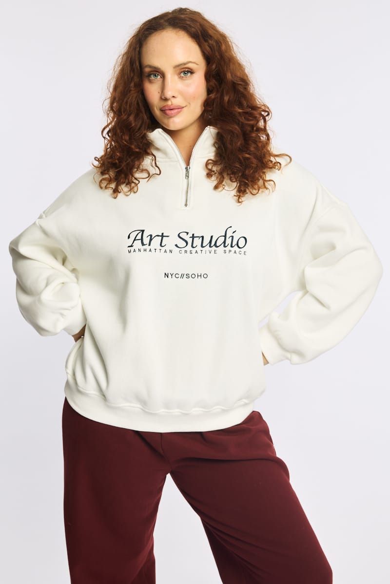 White Half Zip Sweat Top Long Sleeve for YouandAll Fashion
