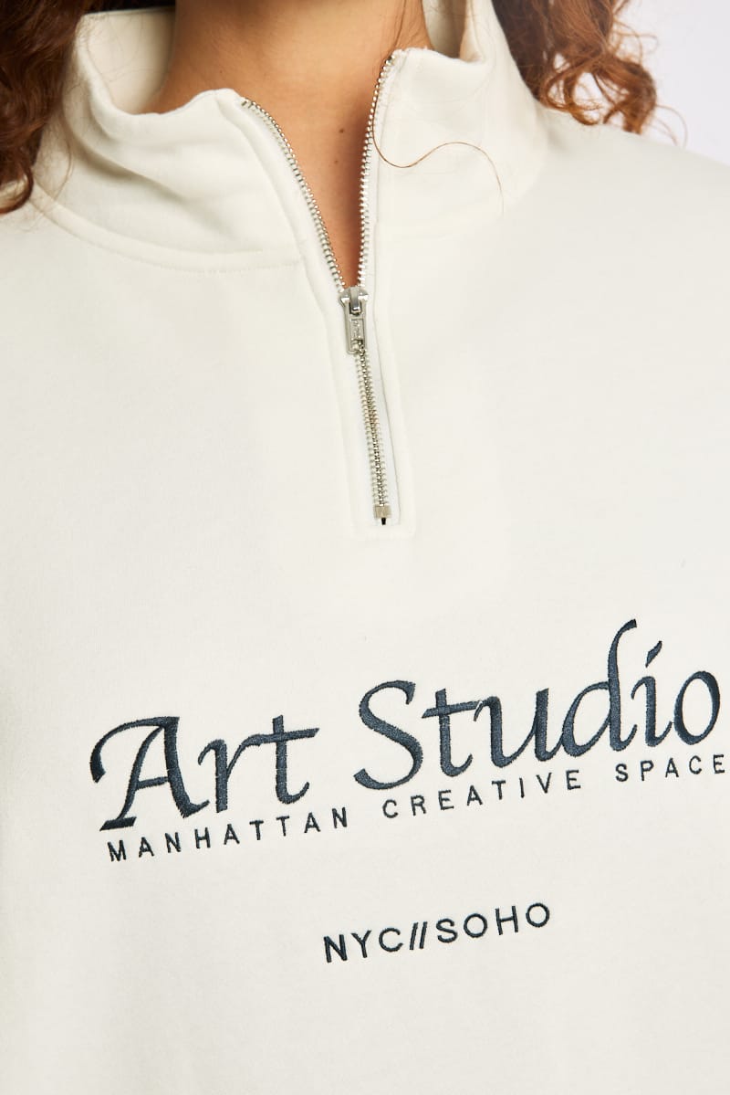 White Half Zip Sweat Top Long Sleeve for YouandAll Fashion