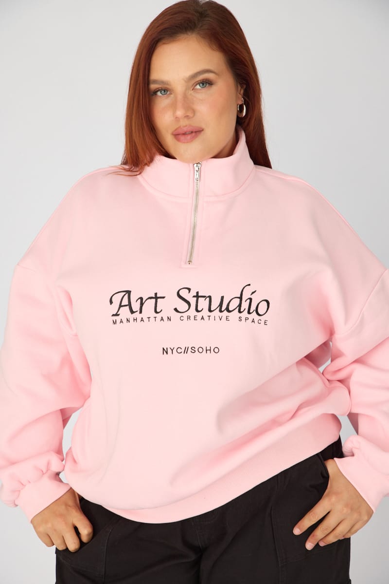 Pink Half Zip Sweat Top Long Sleeve for YouandAll Fashion