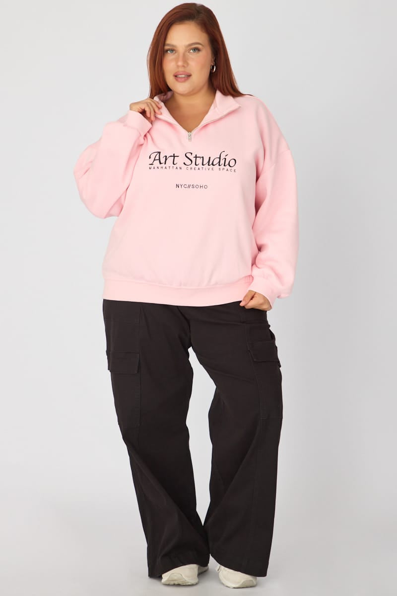 Pink Half Zip Sweat Top Long Sleeve for YouandAll Fashion