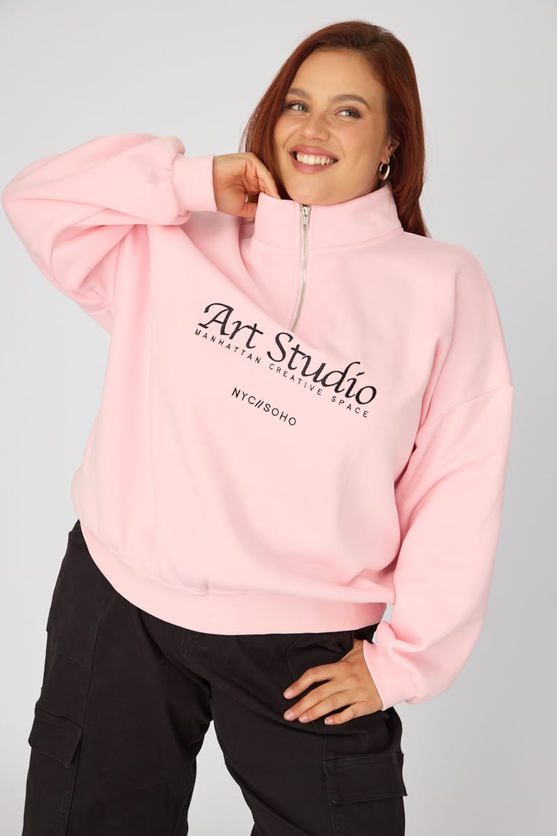 Pink Half Zip Sweat Top Long Sleeve for YouandAll Fashion