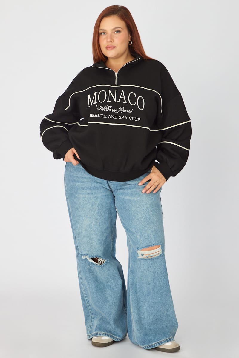 Black Sweatshirt Long Sleeve Half Zip for YouandAll Fashion