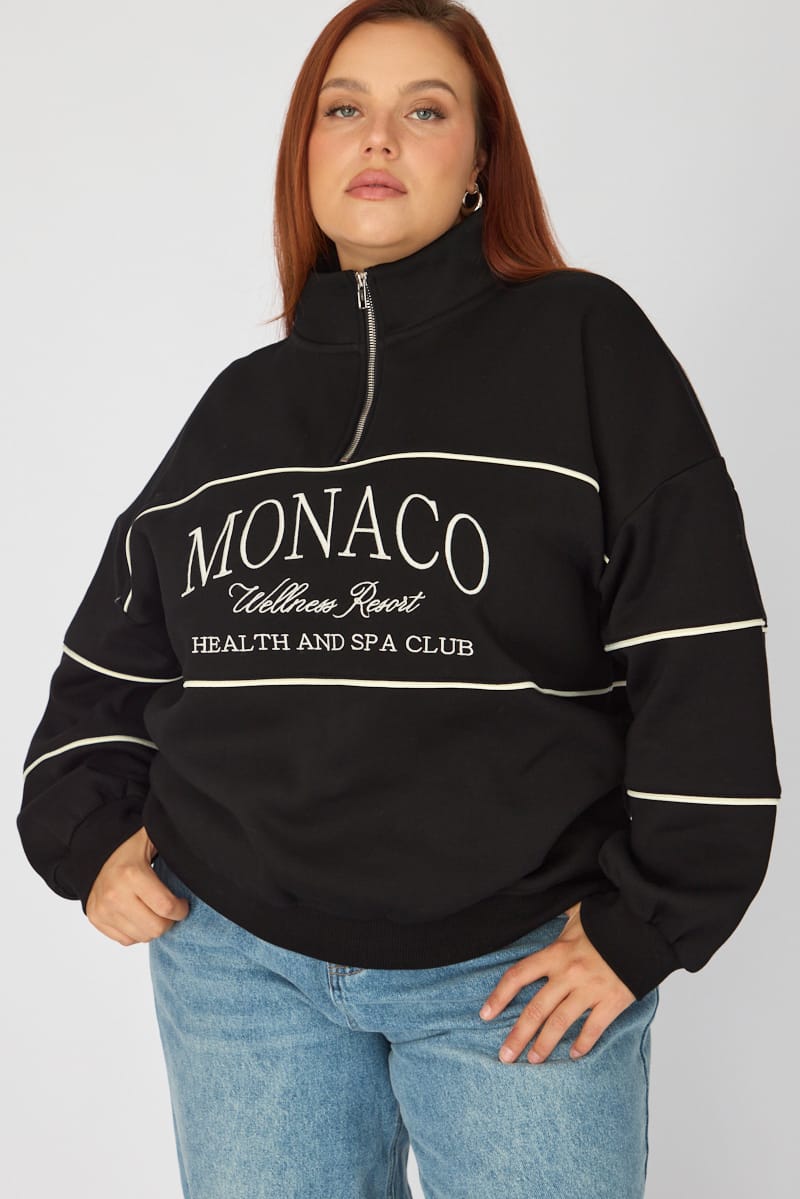 Black Sweatshirt Long Sleeve Half Zip for YouandAll Fashion