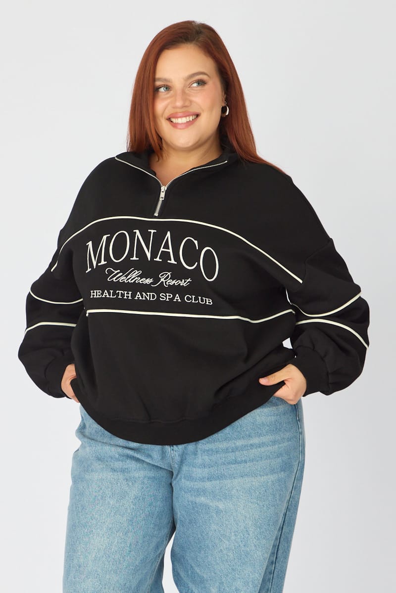 Black Sweatshirt Long Sleeve Half Zip for YouandAll Fashion