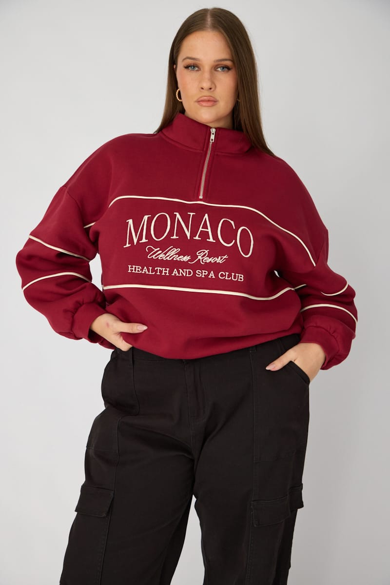 Red Sweatshirt Long Sleeve Half Zip for YouandAll Fashion