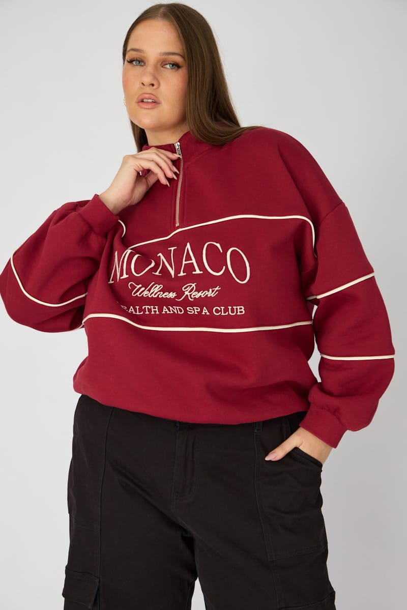 Red Sweatshirt Long Sleeve Half Zip for YouandAll Fashion