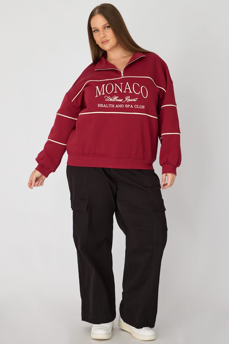 Red Sweatshirt Long Sleeve Half Zip for YouandAll Fashion
