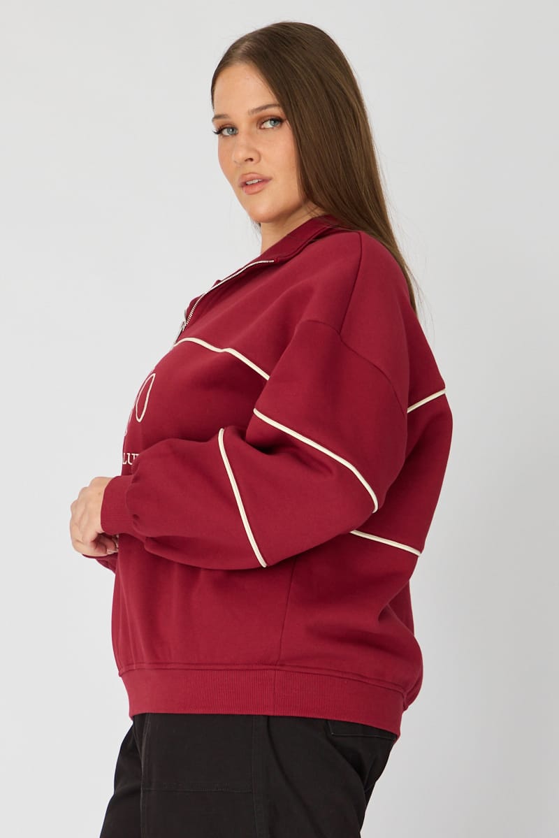 Red Sweatshirt Long Sleeve Half Zip for YouandAll Fashion