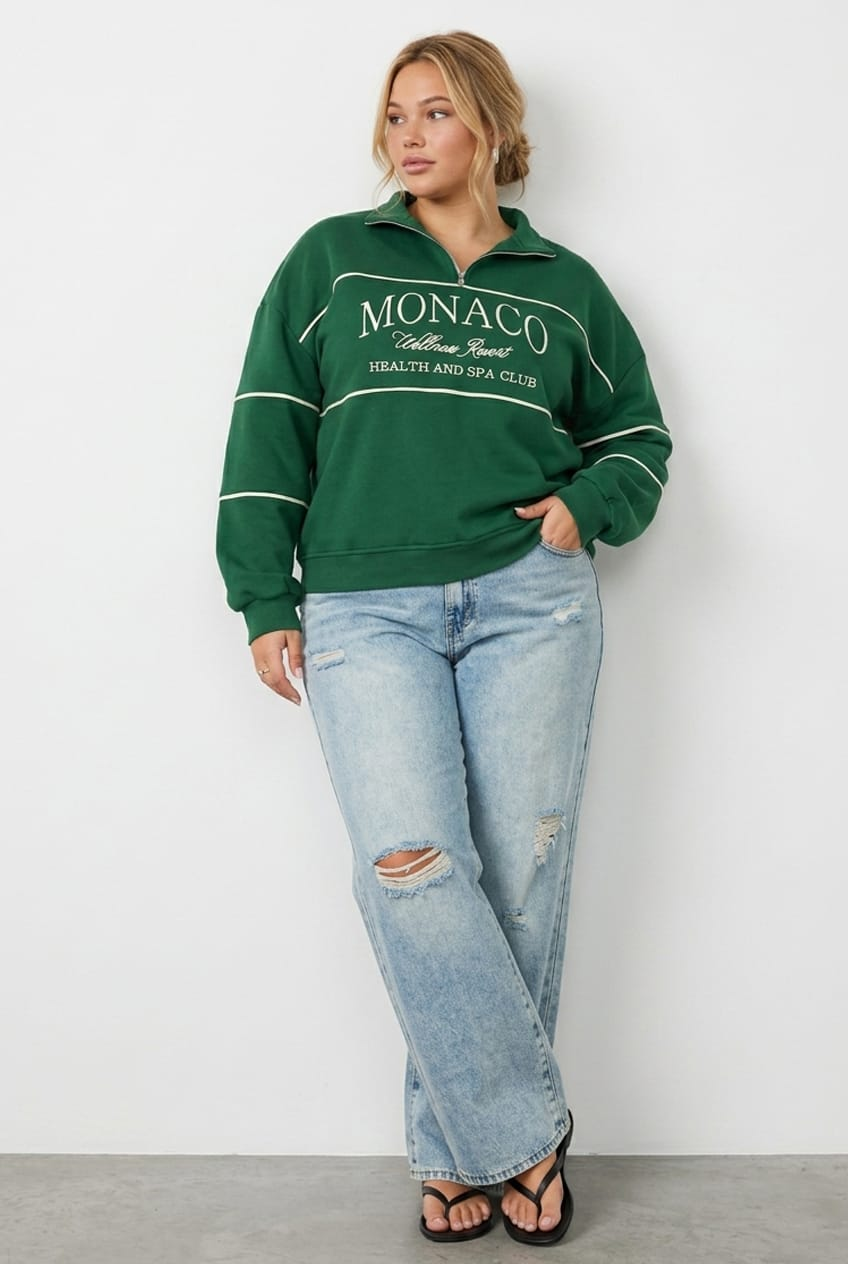 Green Sweatshirt Long Sleeve Half Zip for YouandAll Fashion