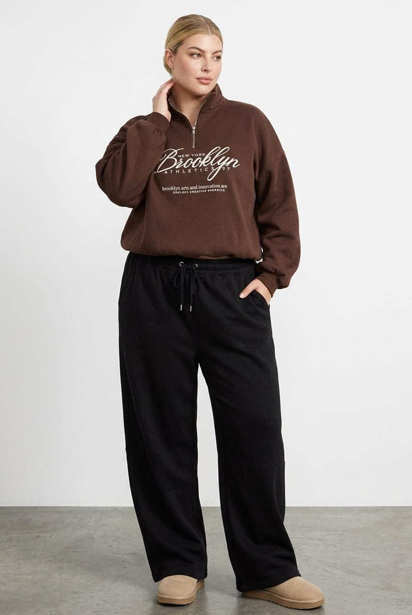 Brown Half Zip Sweat Top Long Sleeve for YouandAll Fashion