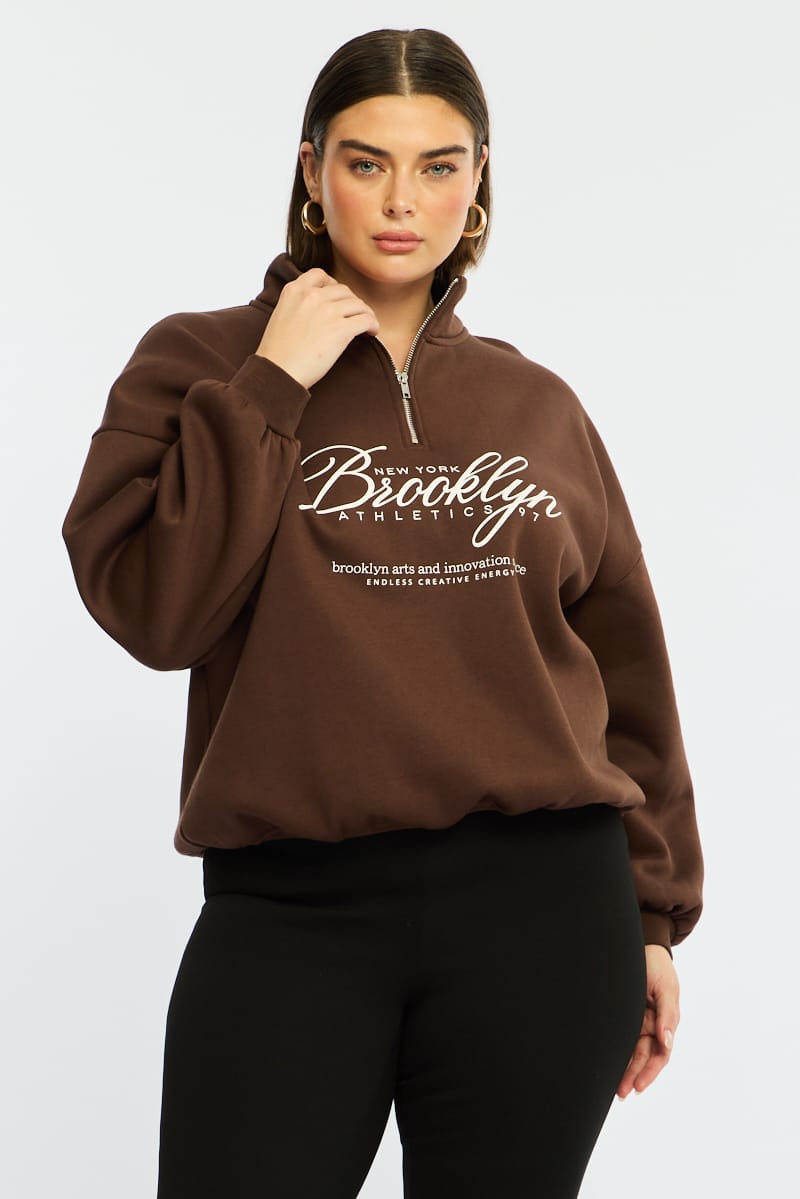 Brown Half Zip Sweat Top Long Sleeve for YouandAll Fashion