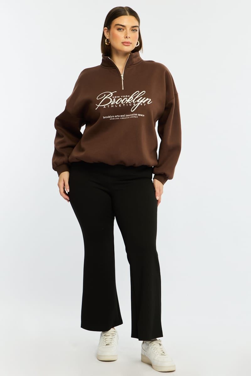 Brown Half Zip Sweat Top Long Sleeve for YouandAll Fashion