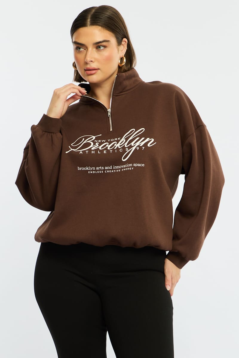 Brown Half Zip Sweat Top Long Sleeve for YouandAll Fashion