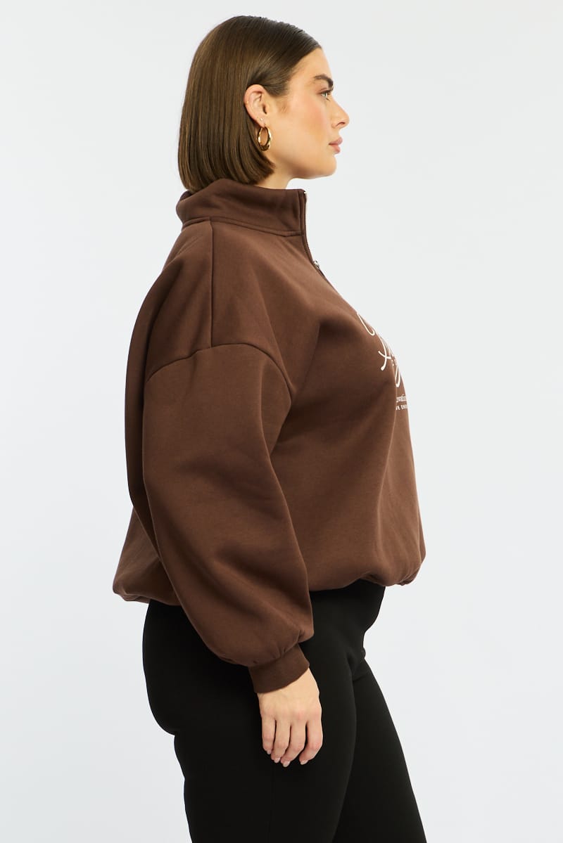 Brown Half Zip Sweat Top Long Sleeve for YouandAll Fashion
