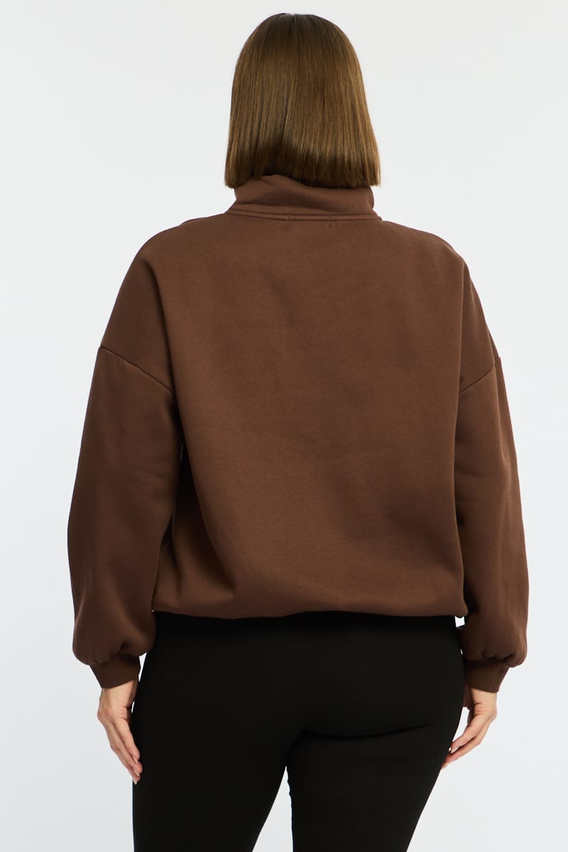 Brown Half Zip Sweat Top Long Sleeve for YouandAll Fashion