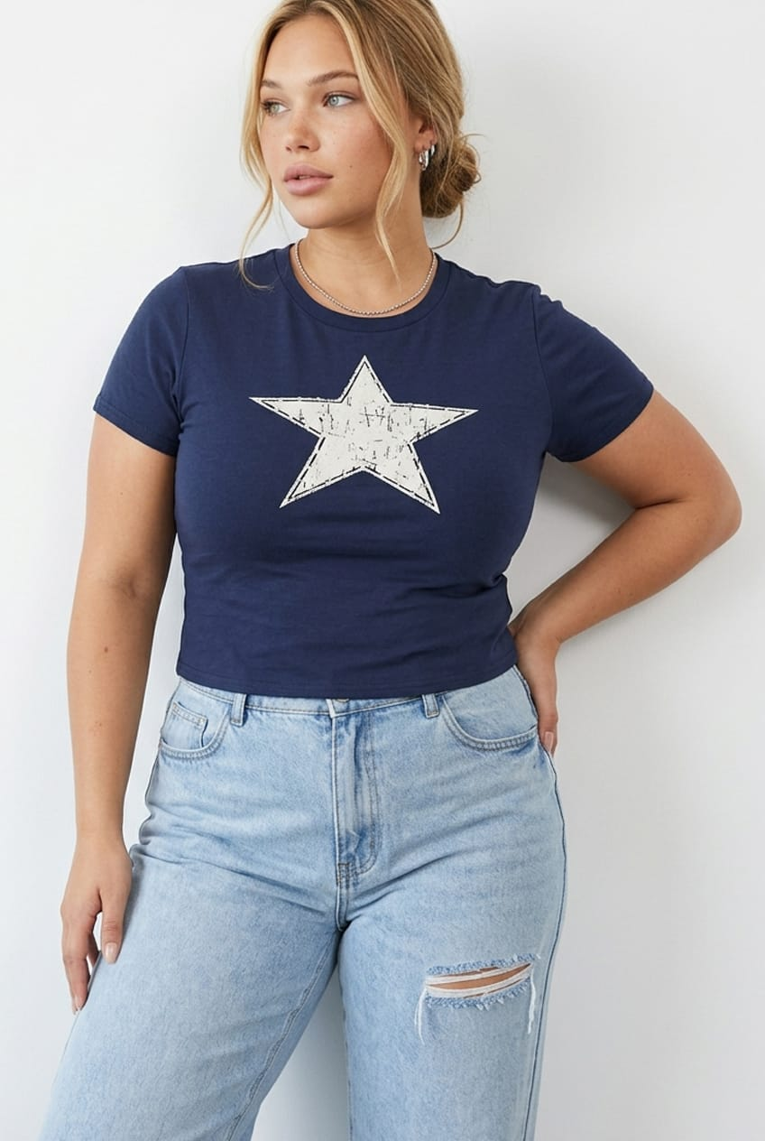 Blue Graphic T-shirt Short Sleeve Crew Neck for YouandAll Fashion