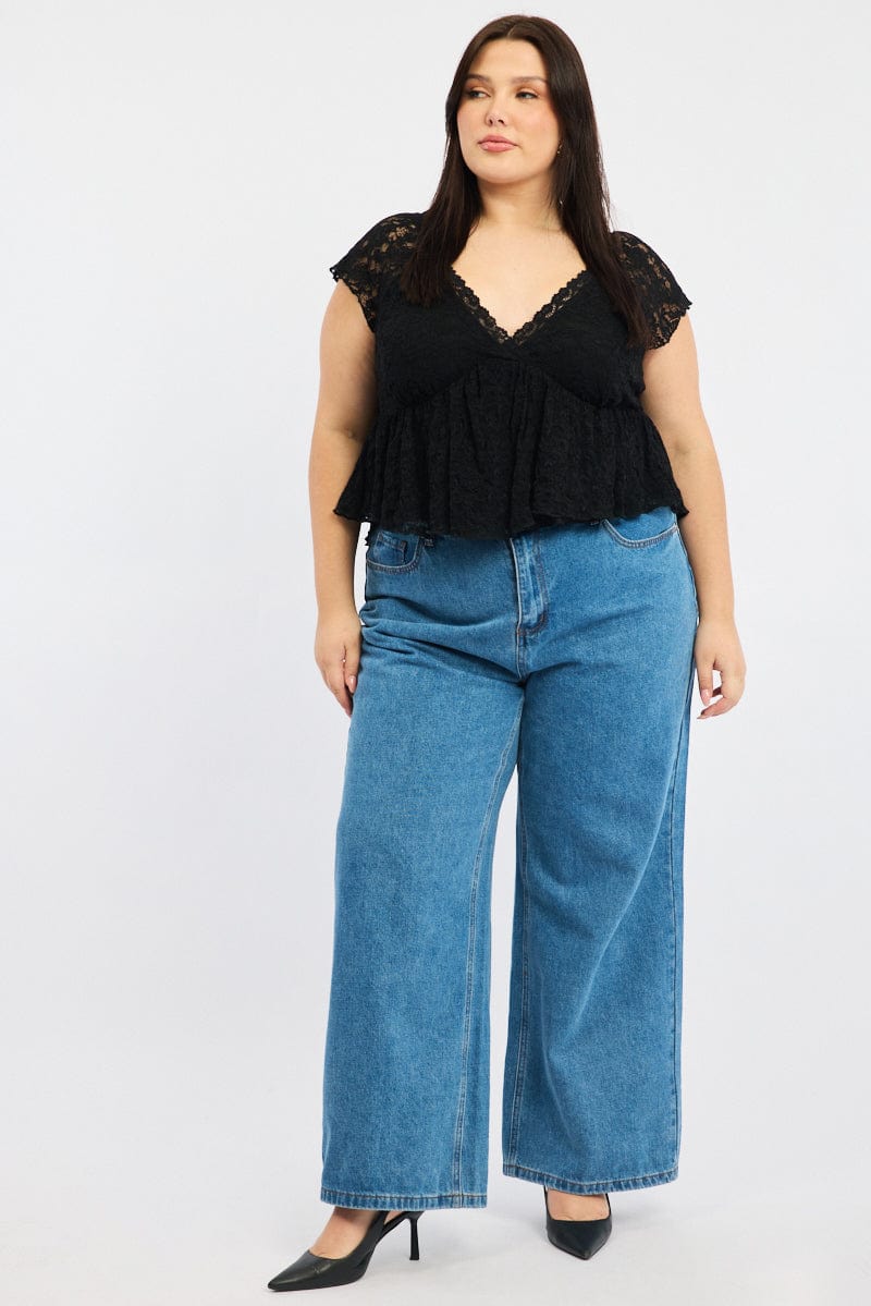 Black Lace Top Short Sleeve V-neck for YouandAll Fashion